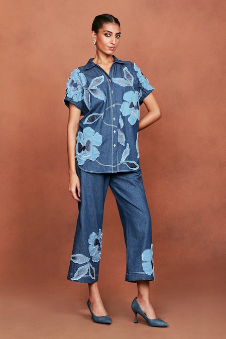 Sue Mue Ruba Floral Applique Shirt & Pant Set 