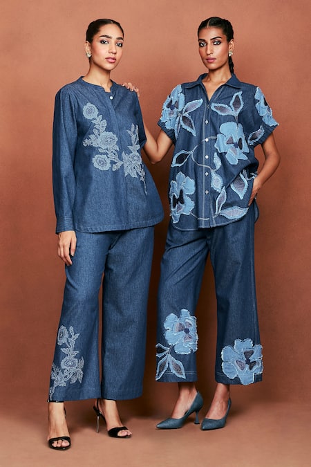 Shop_Sue Mue_Blue Denim Applique, Embroidery, Metallic Thread Ruba Floral Shirt And Pant Set _Online_at_Aza_Fashions
