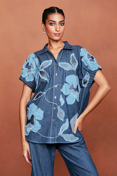 Sue Mue_Blue Denim Applique, Embroidery, Metallic Thread Ruba Floral Shirt And Pant Set _at_Aza_Fashions