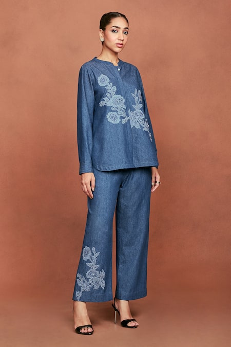 Sue Mue Niya Floral Bunch Embroidered Shirt & Pant Set 