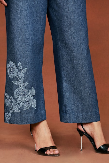 Shop_Sue Mue_Blue Denim Applique, Embroidery, Beads Niya Floral Bunch Shirt And Pant Set _Online_at_Aza_Fashions