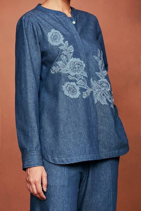 Sue Mue_Blue Denim Applique, Embroidery, Beads Niya Floral Bunch Shirt And Pant Set _at_Aza_Fashions