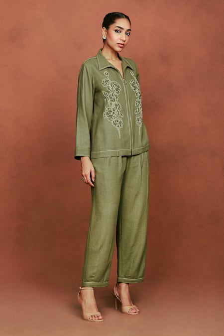 Sue Mue_Olive Green Silk Embroidery, Beads Collared, Aru Floral Bunch Shirt And Pant Set _Online_at_Aza_Fashions