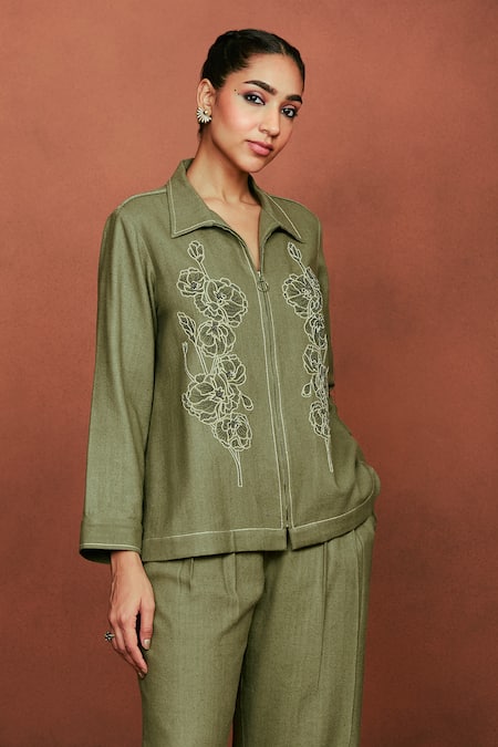 Buy_Sue Mue_Olive Green Silk Embroidery, Beads Collared, Aru Floral Bunch Shirt And Pant Set _Online_at_Aza_Fashions