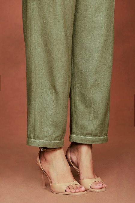 Shop_Sue Mue_Olive Green Silk Embroidery, Beads Collared, Aru Floral Bunch Shirt And Pant Set _Online_at_Aza_Fashions