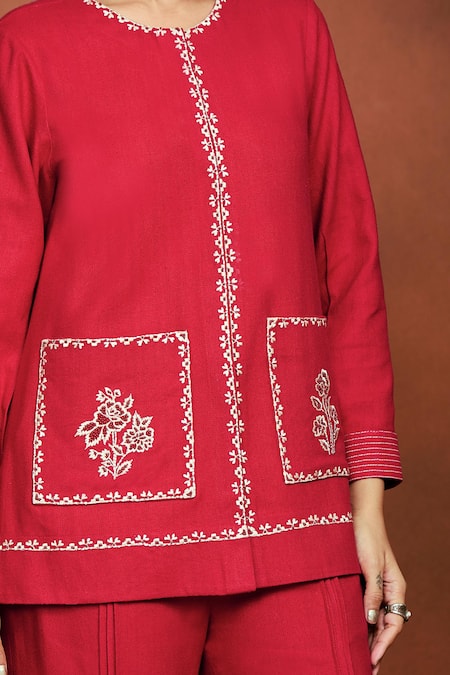 Shop_Sue Mue_Red Silk Embroidery, Beads Round Neck Boha Shirt And Pant Set _Online_at_Aza_Fashions