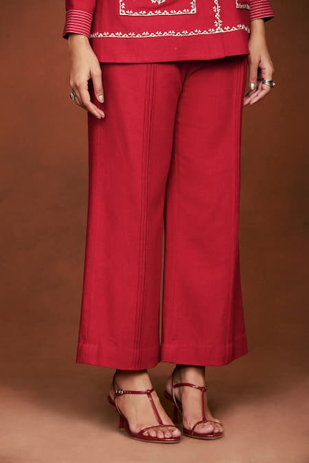 Sue Mue_Red Silk Embroidery, Beads Round Neck Boha Shirt And Pant Set _at_Aza_Fashions