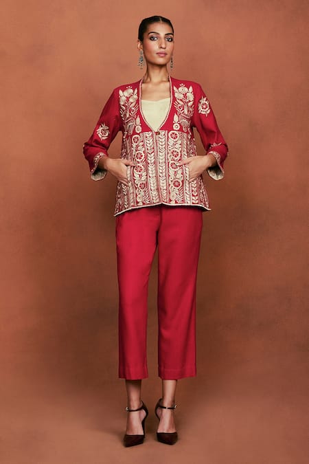 Sue Mue Lipi Floral Embroidered Jacket & Pant Set 