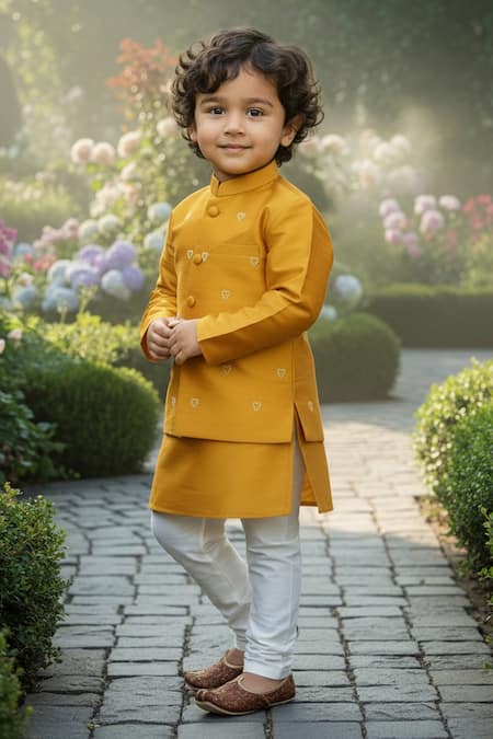 Maaikid_Mustard Taffeta, Silk Pearls, Embroidery Heart Bundi And Kurta Set _Online_at_Aza_Fashions