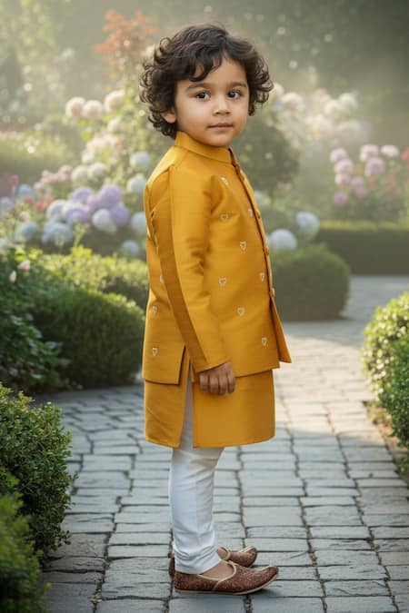 Buy_Maaikid_Mustard Taffeta, Silk Pearls, Embroidery Heart Bundi And Kurta Set _Online_at_Aza_Fashions