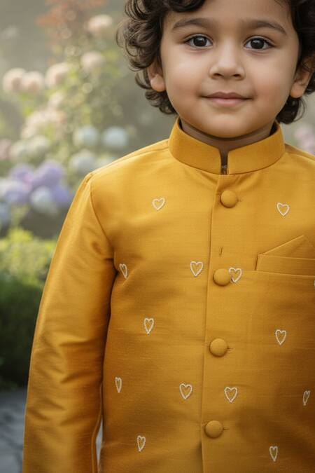 Shop_Maaikid_Mustard Taffeta, Silk Pearls, Embroidery Heart Bundi And Kurta Set _Online_at_Aza_Fashions