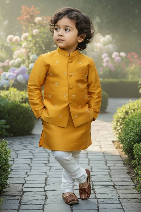Maaikid_Mustard Taffeta, Silk Pearls, Embroidery Heart Bundi And Kurta Set _at_Aza_Fashions