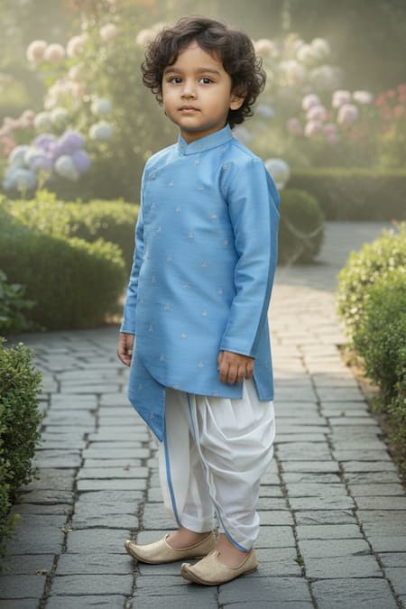 Buy_Maaikid_Blue Silk, Cotton Embroidery Kurta And Dhoti Pant Set _Online_at_Aza_Fashions