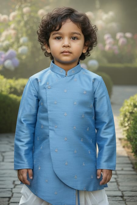 Shop_Maaikid_Blue Silk, Cotton Embroidery Kurta And Dhoti Pant Set _Online_at_Aza_Fashions