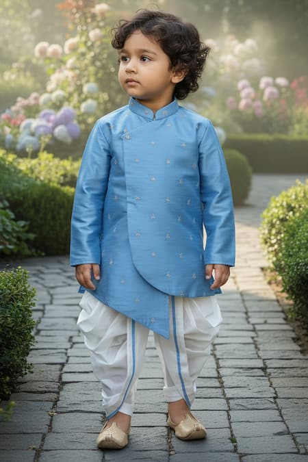 Maaikid_Blue Silk, Cotton Embroidery Kurta And Dhoti Pant Set _at_Aza_Fashions