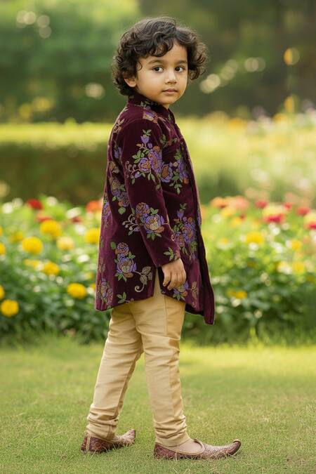 Maaikid_Wine Velvet, Cotton, Silk Embroidery Floral Pattern Sherwani And Churidar Set _Online_at_Aza_Fashions