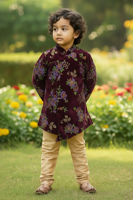 Buy_Maaikid_Wine Velvet, Cotton, Silk Embroidery Floral Pattern Sherwani And Churidar Set _Online_at_Aza_Fashions