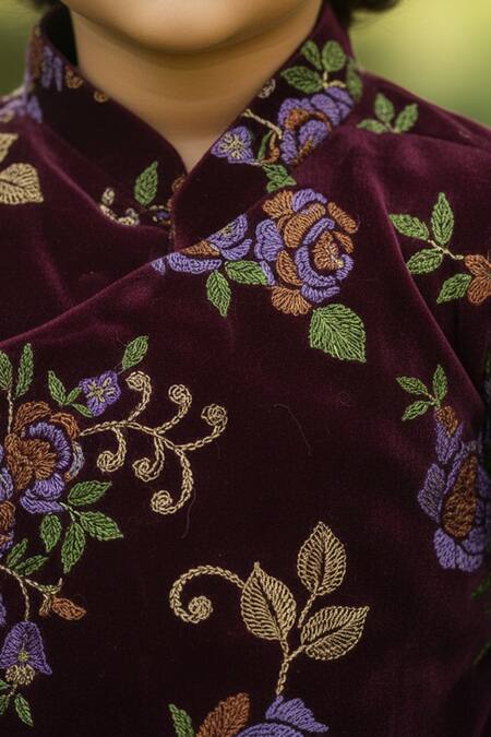 Shop_Maaikid_Wine Velvet, Cotton, Silk Embroidery Floral Pattern Sherwani And Churidar Set _Online_at_Aza_Fashions
