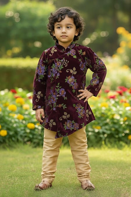 Maaikid_Wine Velvet, Cotton, Silk Embroidery Floral Pattern Sherwani And Churidar Set _at_Aza_Fashions