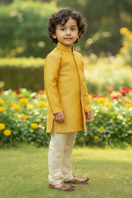 Shop_Maaikid_Mustard Brocade, Cotton, Silk Woven Sherwani Set _Online_at_Aza_Fashions