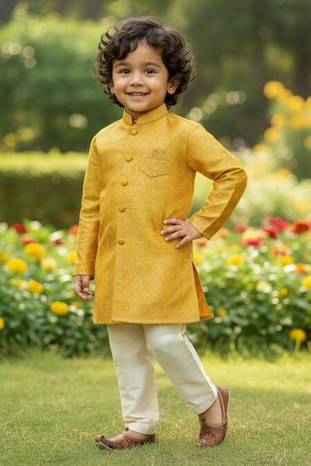 Buy_Maaikid_Mustard Brocade, Cotton, Silk Woven Sherwani Set 
