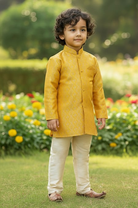 Shop_Maaikid_Mustard Brocade, Cotton, Silk Woven Sherwani Set 