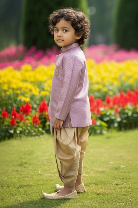 Maaikid_Purple Brocade, Cotton, Silk Embroidery Overlap Sherwani With Dhoti Pant _at_Aza_Fashions