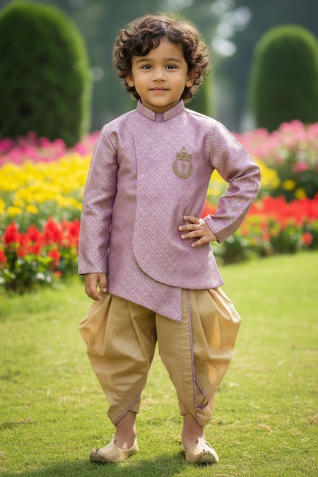 Buy_Maaikid_Purple Brocade, Cotton, Silk Embroidery Overlap Sherwani With Dhoti Pant 