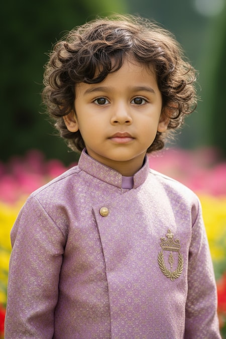 Shop_Maaikid_Purple Brocade, Cotton, Silk Embroidery Overlap Sherwani With Dhoti Pant 