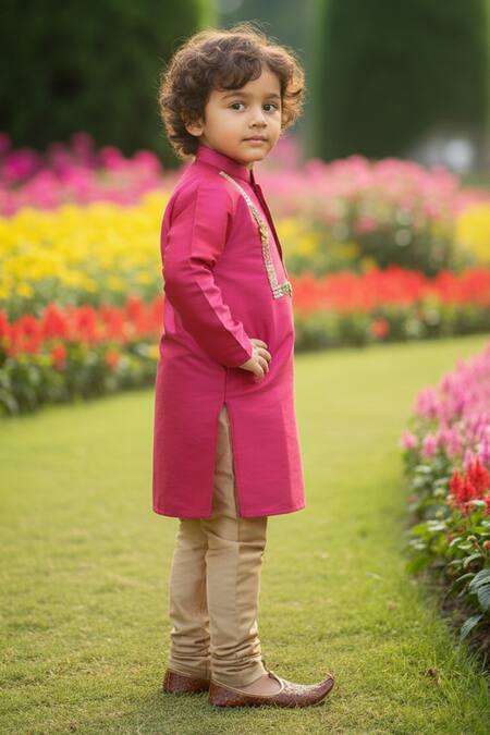 Maaikid_Magenta Cotton, Silk Embroidery, Stones Embellished Kurta And Churidar Set _Online_at_Aza_Fashions