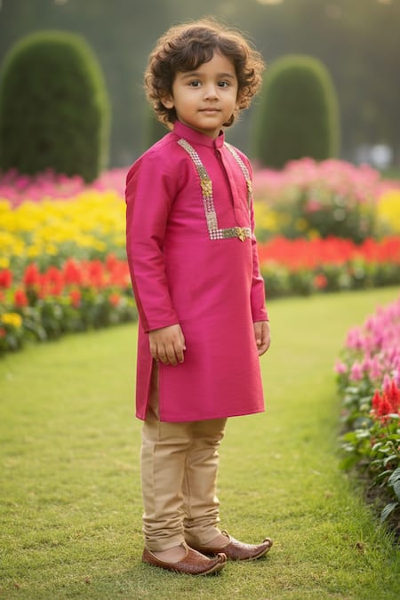 Buy_Maaikid_Magenta Cotton, Silk Embroidery, Stones Embellished Kurta And Churidar Set _Online_at_Aza_Fashions