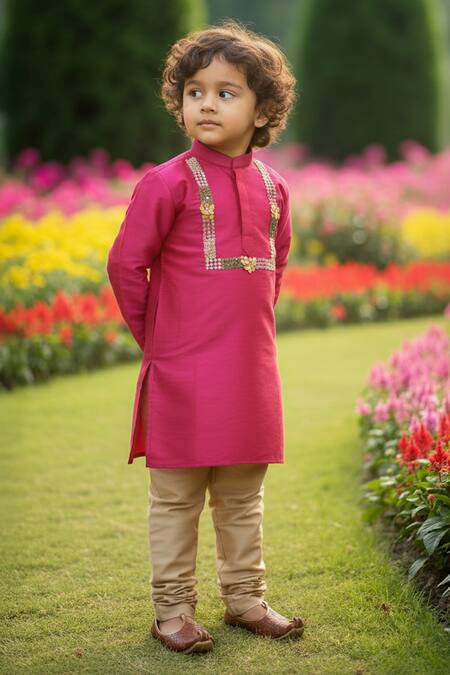 Shop_Maaikid_Magenta Cotton, Silk Embroidery, Stones Embellished Kurta And Churidar Set _Online_at_Aza_Fashions