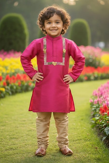Maaikid_Magenta Cotton, Silk Embroidery, Stones Embellished Kurta And Churidar Set _at_Aza_Fashions