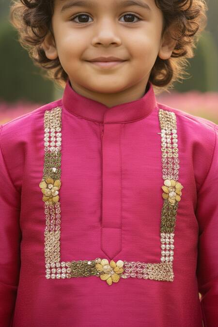Buy_Maaikid_Magenta Cotton, Silk Embroidery, Stones Embellished Kurta And Churidar Set 