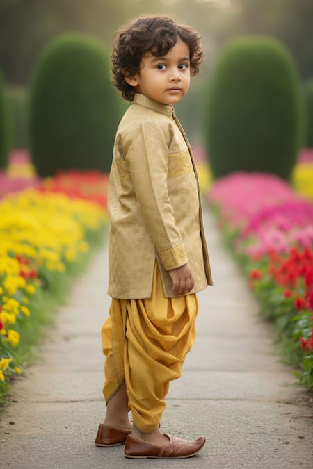 Maaikid_Mustard Silk, Cotton Embroidery, Zari Banarasi Brocade Sherwani With Dhoti Pant _Online_at_Aza_Fashions