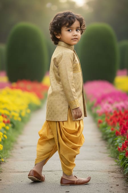 Buy_Maaikid_Mustard Silk, Cotton Embroidery, Zari Banarasi Brocade Sherwani With Dhoti Pant _Online_at_Aza_Fashions