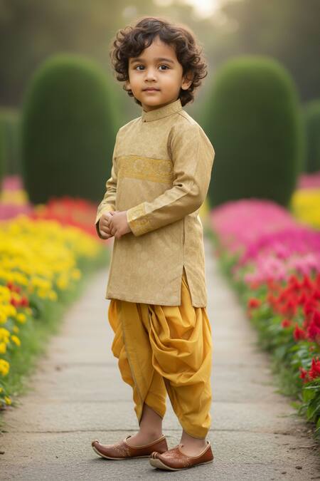 Shop_Maaikid_Mustard Silk, Cotton Embroidery, Zari Banarasi Brocade Sherwani With Dhoti Pant _Online_at_Aza_Fashions