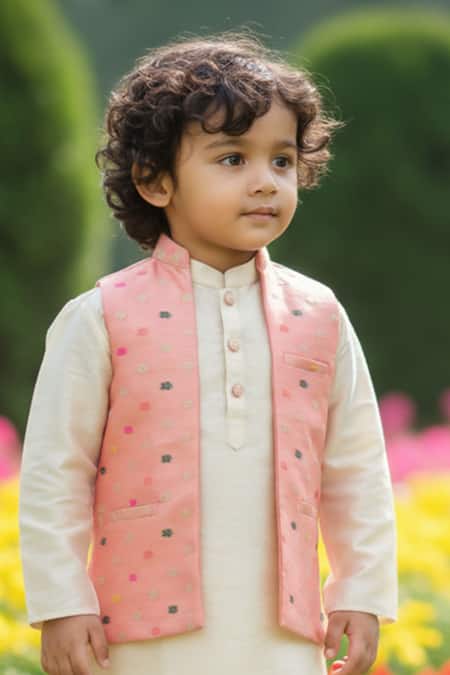 Maaikid_Gold Silk, Brocade Zari Woven Bundi And Kurta Set _Online_at_Aza_Fashions