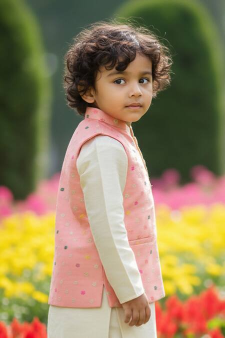 Buy_Maaikid_Gold Silk, Brocade Zari Woven Bundi And Kurta Set _Online_at_Aza_Fashions