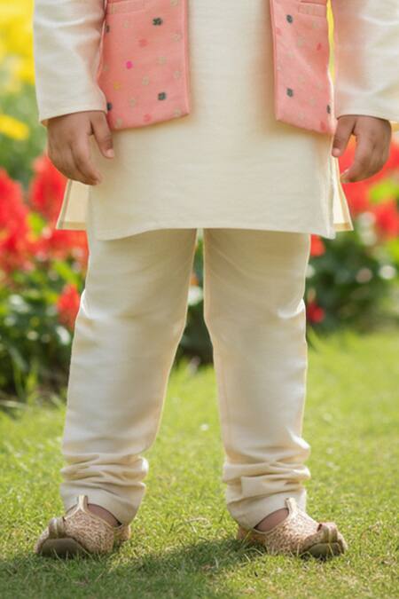 Shop_Maaikid_Gold Silk, Brocade Zari Woven Bundi And Kurta Set _Online_at_Aza_Fashions