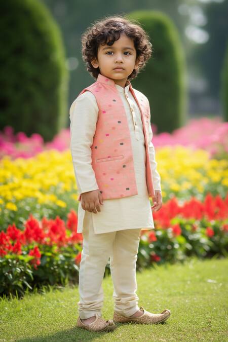 Maaikid_Gold Silk, Brocade Zari Woven Bundi And Kurta Set _at_Aza_Fashions