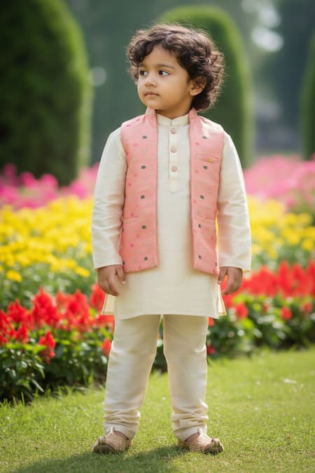 Buy_Maaikid_Gold Silk, Brocade Zari Woven Bundi And Kurta Set 