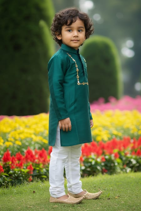 Shop_Maaikid_Green Silk, Cotton Mirrors, Embroidery Kurta And Churidar Set 