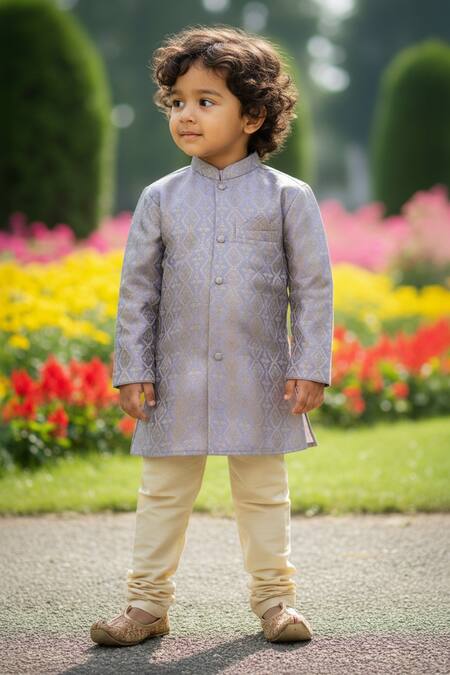 Buy Maaikid Blue Brocade Zari Pastel Sherwani Set Buy_Maaikid_Blue Brocade Zari Pastel Sherwani Set