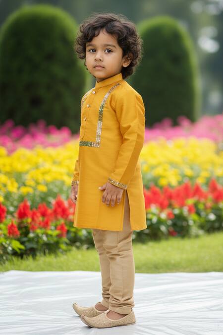 Buy_Maaikid_Mustard Cotton, Silk Embroidery, Sequins Hand Embellished Kurta And Churidar Set _Online_at_Aza_Fashions
