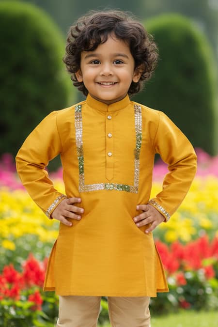 Shop_Maaikid_Mustard Cotton, Silk Embroidery, Sequins Hand Embellished Kurta And Churidar Set _Online_at_Aza_Fashions