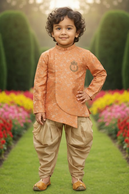 Maaikid Orange Brocade, Cotton, Silk Embroidery Overlap Sherwani With Dhoti Pant Online at Aza Fashions Maaikid_Orange Brocade, Cotton, Silk Embroidery Overlap Sherwani With Dhoti Pant _Online_at_Aza_Fashions