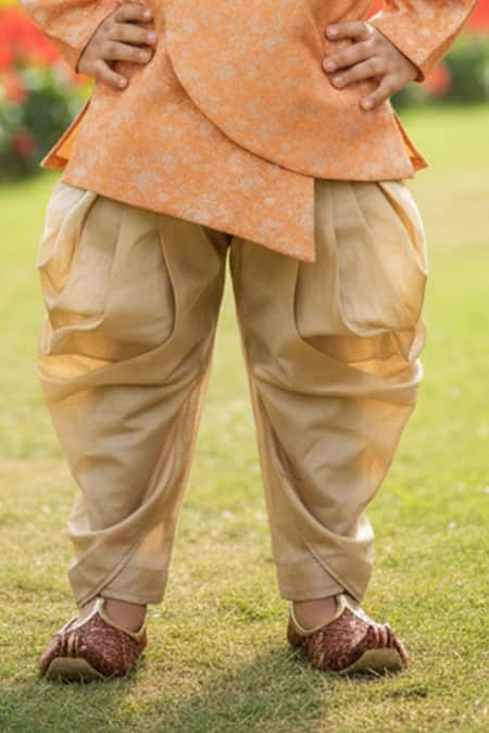 Shop Maaikid Orange Brocade, Cotton, Silk Embroidery Overlap Sherwani With Dhoti Pant Online at Aza Fashions Shop_Maaikid_Orange Brocade, Cotton, Silk Embroidery Overlap Sherwani With Dhoti Pant _Online_at_Aza_Fashions