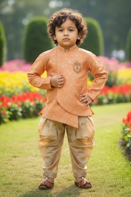 Maaikid Orange Brocade, Cotton, Silk Embroidery Overlap Sherwani With Dhoti Pant at Aza Fashions Maaikid_Orange Brocade, Cotton, Silk Embroidery Overlap Sherwani With Dhoti Pant _at_Aza_Fashions