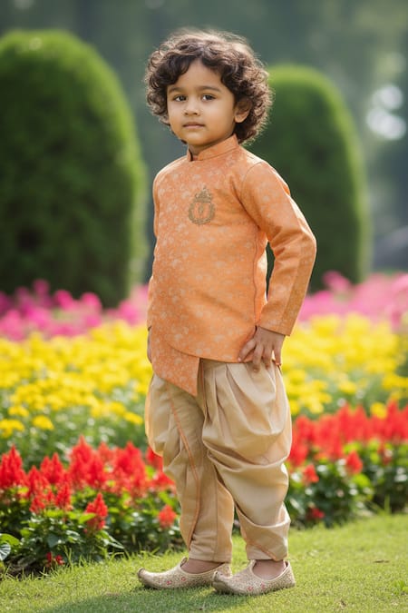 Buy Maaikid Orange Brocade, Cotton, Silk Embroidery Overlap Sherwani With Dhoti Pant Buy_Maaikid_Orange Brocade, Cotton, Silk Embroidery Overlap Sherwani With Dhoti Pant